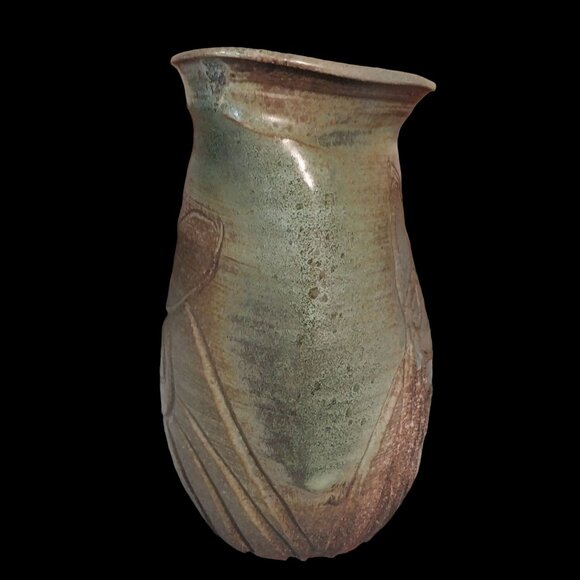 Signed Art Pottery Vase Earthy Green & Brown Glaze With Abstract Design - Picture 4 of 8